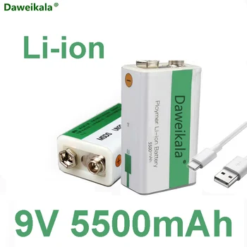 Yeni 9V 5500mAh Lityum iyon şarj edilebilir pil Tip-C USB Pil 9V Multimetre Lityum Mikrofon Metal Dedektörü + Kablo Görüntü