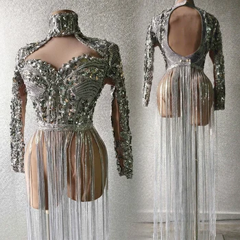 Yeni Seksi Hollow Out Gümüş Sequins Bodysuit Şarkıcı Sahne Kostüm Sürükle Kraliçe Gösterisi Saçak Tulum Gogo Dansçı Kıyafeti VDB7221 Görüntü