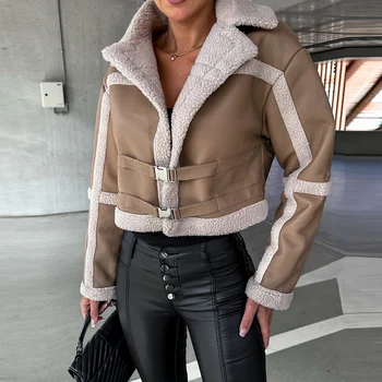 Yeni Sonbahar Kış Deri Patchwork Kürk Ceket Kadınlar Turn-aşağı Yaka Sıcak Üst Hırka Vintage Moda Toka İnce Ceket Giyim Görüntü