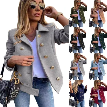 Yeni Sonbahar ve Kış Slim Fit Kadın Ceket Uzun Kollu Kruvaze Takım Elbise Yaka Yün Ceket Düz Renk Kısa Giyim Görüntü