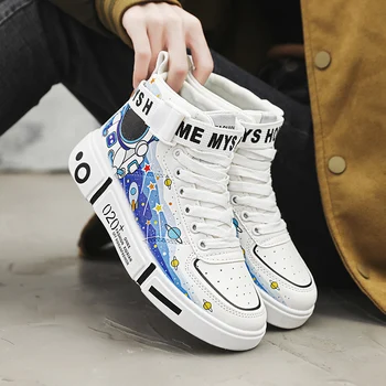 Yeni Varış Unisex Kaykay Ayakkabı Yüksek Üst Kadın Sneaker Graffiti Düşük Üst Erkekler rahat ayakkabılar Pu Deri Üst Dantel Up Yaz Görüntü
