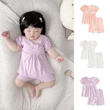 Yenidoğan Bebek Bebek Kız Bahar Yaz Katı Pamuk Fırfır Kısa Kollu Tişört Şort Giyim Giyim Bebek Kız Battaniye Büyük Görüntü