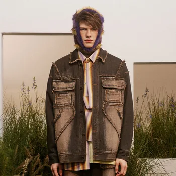 Yüksek Sokak Hit Renk Yıkanmış Denim Ceketler Erkekler Streetwear Boy Yaka Düğmesi Kot Ceket Sonbahar Yeni Çift Ceket Tops Görüntü