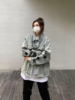 Yüksek Sokak Moda emo ceketler kadın nakış grafik denim ceket yıldız kız y2k Streetwear Vintage Ceket Gotik grunge Peri Görüntü