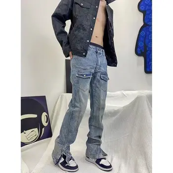 Yüksek Sokak erkek Tasarımcı Kot Yüksek Kaliteli Pantolon Gevşek Fit ve Alevlendi Fermuar Bacak Sokak Tarzı İş Giysisi Yıkanmış Pantolon Görüntü