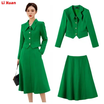 Yüksek kaliteli yay Sonbahar Uzun Etek Blazer Setleri Kıyafetler Kadın Resmi Iş Kore Bayan Ofis Bayanlar Iş Ceket Takım Elbise Görüntü