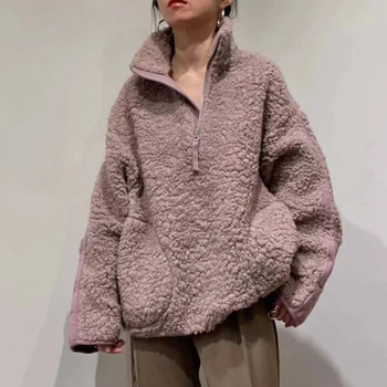 Zarif Standı Yaka Uzun Kollu yün paltolar Kadınlar için Moda Katı Gevşek Kış Ceket 2022 Streetwear Büyük Cep Tüvit Dış Giyim Görüntü