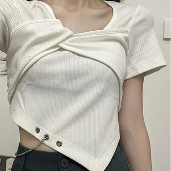 Zincir Kırpma Üst Y2k Düzensiz Yaz Kadın T Shirt Kore Tarzı Kısa Kollu Tees Kadın Tshirt düz beyaz tişört Elbise 2023 Görüntü