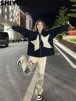 grunge Harajuku Hip Hop Ayrılabilir Yıldız Gevşek kadın hoodie Zip-up Ceket Büyük Boy yıldız kız y2k giyim Streetwear Ceketler üst Görüntü