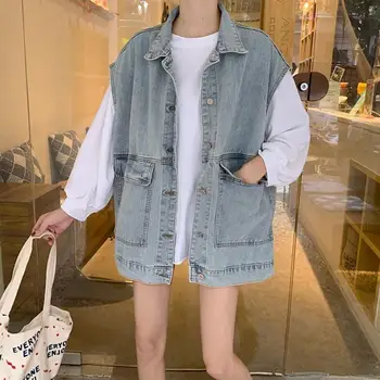 kadın Yaz Sonbahar Denim Yelekler Kot Kolsuz Mont Streetwear Gevşek denim ceket Görüntü