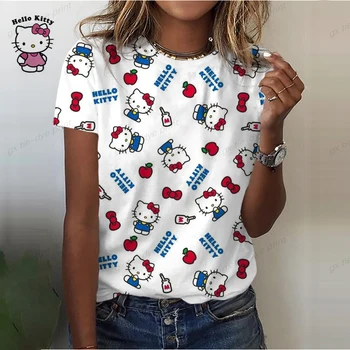 yeni Karikatür Hello Kitty Baskı T Shirt Kadın Kawaii Gömlek Elbise Rahat Kısa Kollu dişi t parça O-Boyun Harajuku Bayan T-shirt Görüntü