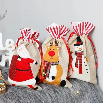 Çilek Noel Santa Çuval Büyük Tuval hediye çantası İpli ile Noel Paketi Depolama Ambalaj Çanta Noel Parti Malzemeleri Görüntü