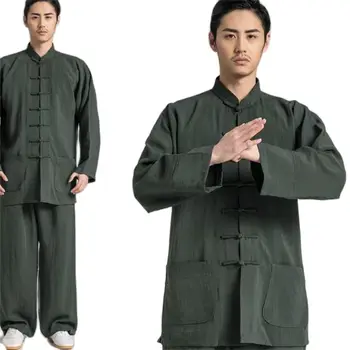 Çin Geleneksel giyim seti Adam Sonbahar Keten Toka Kung Fu Gömlek Oryantal Retro Üst Pantolon Tai Chi Nefes Üniforma Hanfu Görüntü