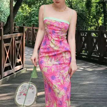 Çin Tarzı Vintage Bodycon Elbise Zarif Renk Kontrast Çiçek İnce Yüksek Bel Seksi Elbise Bayanlar Askı Backless Elbise Görüntü
