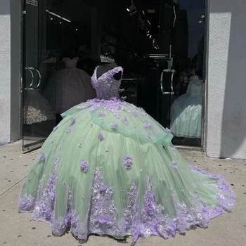 Çiçek Yeşil Quinceañera Elbise Korse Geri Prenses V Boyun Balo Tatlı 16 Elbise 15 Doğum Günü Partisi Elbisesi Pageant Bayan Görüntü