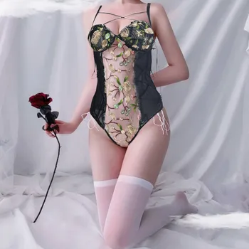 Çiçek İşlemeli Bodysuit Kadın Tulum İç Çamaşırı Kadınlar İçin Lace Up Bandaj Vücut Femme Seksi Dantel Bodysuit kadın İç Çamaşırı Görüntü