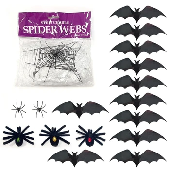 Örümcekler Web Dekorasyon Seti Siyah Örümcekler Cadılar Bayramı Örümcekler Süs 69HF Görüntü