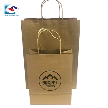 özelleştirilmiş tasarım özelleştirilmiş alışveriş hediyesi bükülmüş saplı kahverengi kraft kağıt torba Görüntü