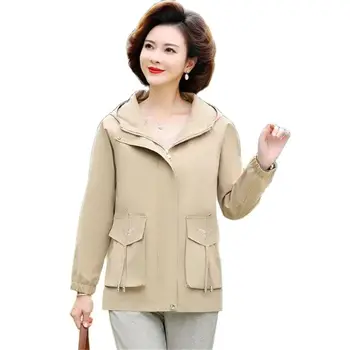 İlkbahar Sonbahar Kısa Rüzgarlık Kadın 2023 Yeni Gevşek Kapşonlu Trençkot Saf Renk Giyim Moda Cep Palto Kadın Görüntü