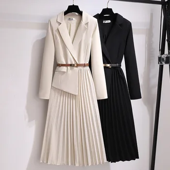 İlkbahar / sonbahar Fransız V Yaka Takım Elbise Bayan Elbiseler 2023 Yeni Mizaç Zayıflama Uzun Moda Uzun kollu Pilili Elbise Vestidos Görüntü