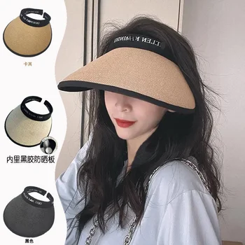 Şapkalar kadın Yaz UV Çok Yönlü Çim Örgülü Boş Üst güneş şapkası Mektup saç bandı siyah Tutkal Büyük ağız Güneş Koruyucu güneş şapkası Görüntü