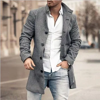 Sonbahar Kış Yeni erkek Yün Standı Boyun Orta Uzunlukta Cep Rahat Yün Ceket Erkek Siper Elbise Görüntü