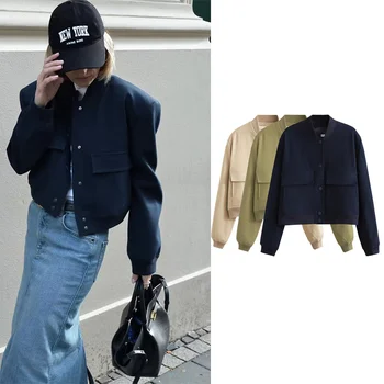 TRAF ZR kadın Ceketleri Bahar 2023 Zarif Vintage Yeni Giyim Uzun Kollu Harajuku Y2k Streetwear Bombacı Ceketler Cep ile Görüntü
