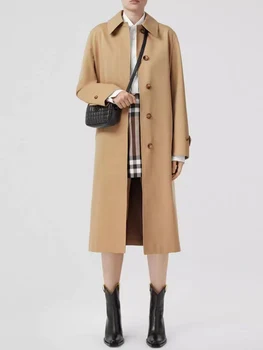 İngiliz tarzı retro düz renk yaka kruvaze kayış bel uzun trençkot kadın yeni sonbahar moda lüks ceket ceket Görüntü